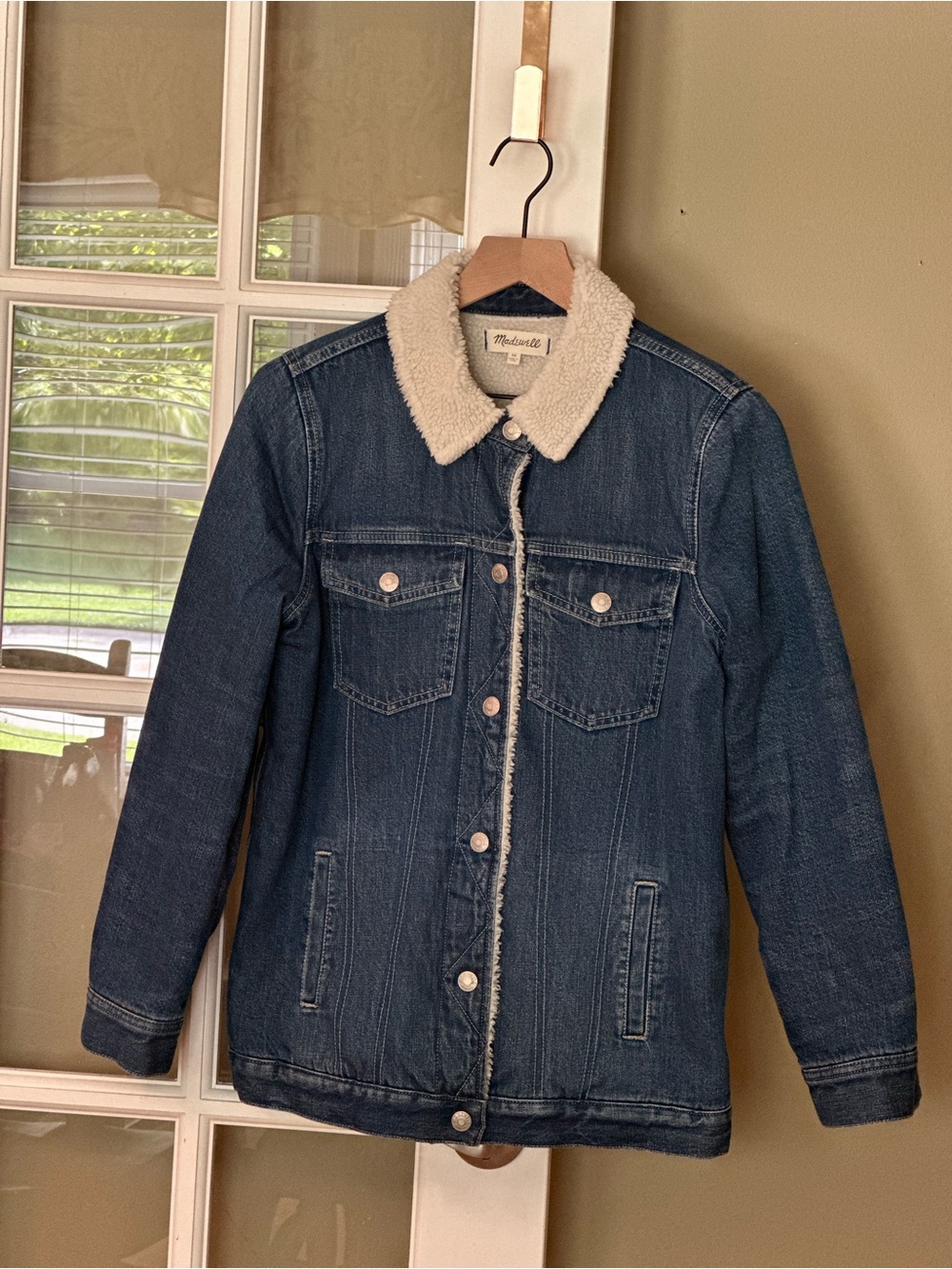 Madewell Sherpa-Line Dark Blue Denim Jacket with Cream Sherpa Collar